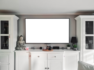 Interior mock up living room / cabinet for TV or place object in modern living room with lamp,buddha,decor and TV
