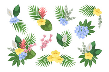 Tropical set of hand drawn floral arrangement. Vector botanical illustration. Layouts for the design of greeting cards and invitations.