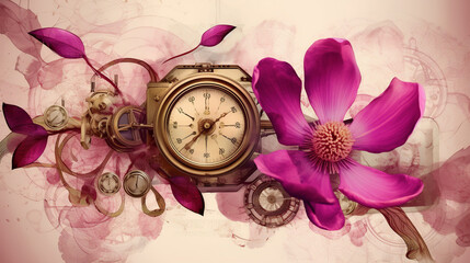 floral, vintage background, flover, products, enginer, generative, ai, steampunk, background, clockwork, brooch, jewelry, pink