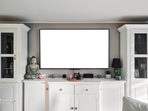 Interior mock up living room / cabinet for TV or place object in modern living room with lamp,buddha,decor and TV