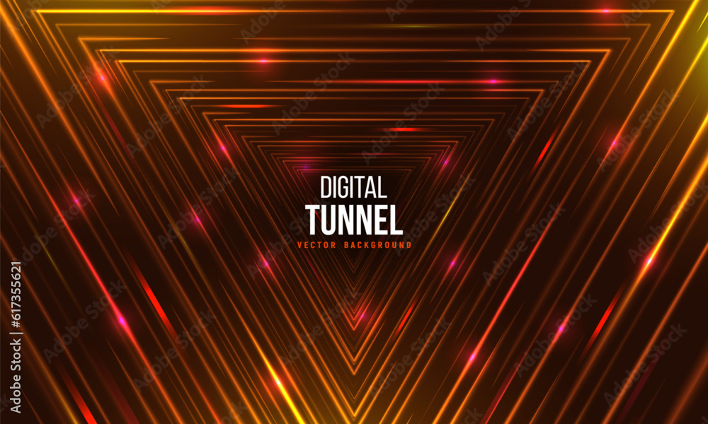 Sticker triangle portal with light effects. neon tunnel. abstract technology background. vector illustration