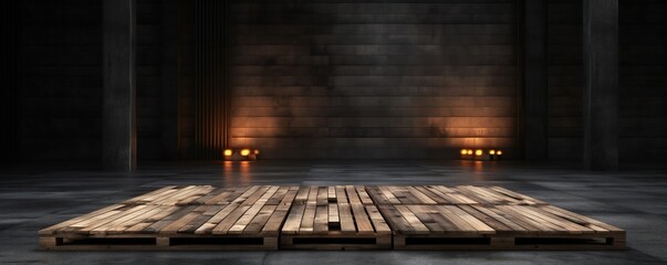 Wooden pallets on the floor in the empty dark gray industrial concrete scene backdrop for website slider product showcase design Generative AI 