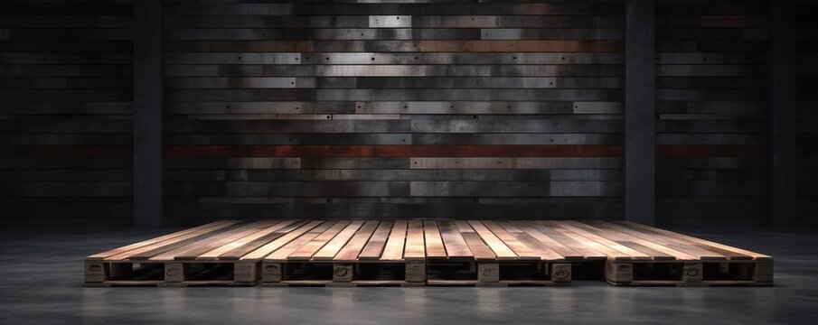 Wooden pallets on the floor in the empty dark gray industrial concrete scene backdrop for website slider product showcase design Generative AI 