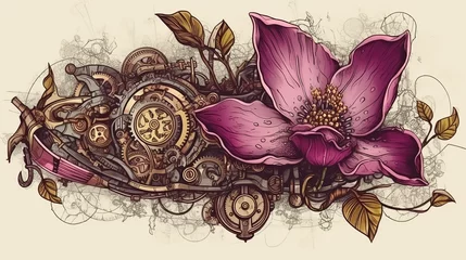 Wanddecoratie Grunge vlinders floral, vintage background, flover, products, enginer, generative, ai, steampunk, background, clockwork, brooch, jewelry, pink  © Svitlana