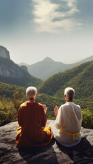 Fototapeta na wymiar Elderly senior couple meditating in the mountains, back view, AI generated