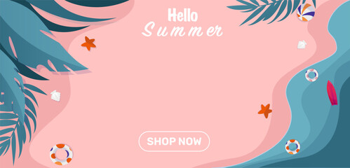 Fototapeta na wymiar Summer sale design tropical beach bright Color background layout banners. Summer doodle vector banner with space for text. 