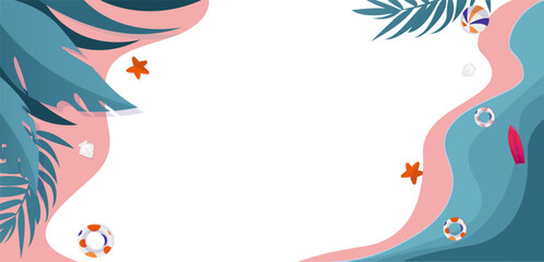 Fototapeta na wymiar Tropical summer vector banner. Doodle beach accessories on sandy. summer vector background with beach illustrations for banners, cards, flyers, social media wallpapers, etc.