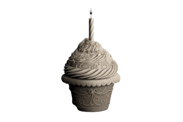 Vintage Gray Cupcake Topped with a Lit Candle, Birthday Celebration. Generative AI.