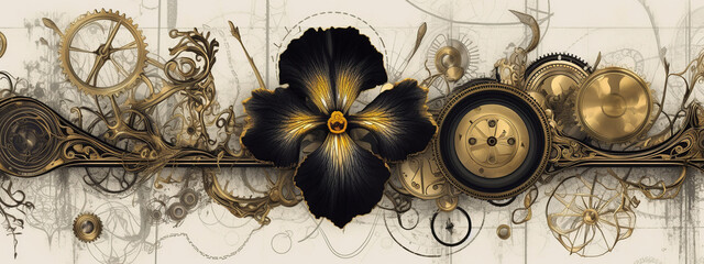 floral, vintage background, flover, products, enginer, generative, ai, steampunk, background, clockwork, brooch, Iris, gold