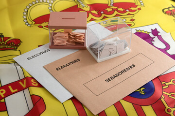 Ballot box, electoral envelopes for the general elections with a Spanish flag