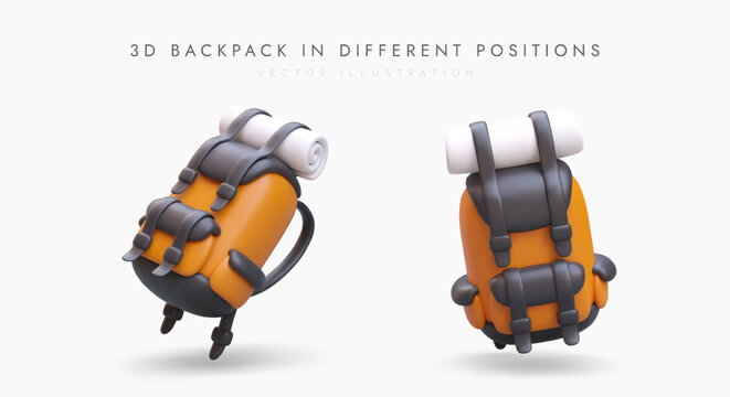 3D backpack in different positions. Orange tourist rucksack for hiking. Color vector image in cartoon style. Modern tourist equipment on white background
