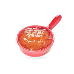 pepper jelly (Pimenta dedo de Mo&ccedil;a), malageta pepper jelly, sweet and sour red pepper jelly, on white background with selective focus, on white porcelain