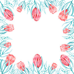 Square border frame with Protea flower. Digital watercolor design for print