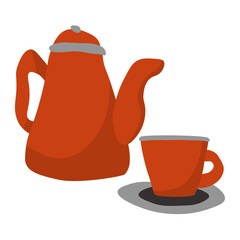 Cup and teapot in doodle style, set of utensils for tea drinking