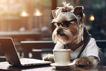 Illustration of a business dog working on laptop in a cafe or coffee shop. Remote work concept. Beaver Yorkshire Terrier dog looking into computer working in glasses, shirt and tie. AI generated