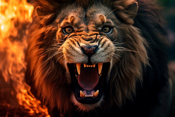 Fototapeta premium Close-up shot of roaring lion, flames on background. Generative AI
