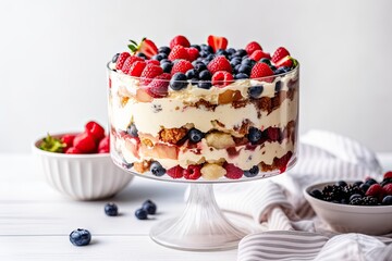 Patriotic festive trifle in big bowl with American flag for Independence Day. Summer layered dessert for 4 of July. Close up. Generative AI. - obrazy, fototapety, plakaty