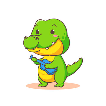 Cute crocodile playing guitar cartoon character on white background vector illustration. Funny Alligator Predator Green Adorable animal concept design.