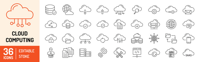 Cloud Computing editable stroke outline icons set. Cloud, computing, server, database, technology, networking, data and internet. Vector illustration.