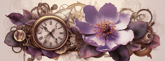 floral, vintage background, flover, products, enginer, generative, ai, steampunk, background, clockwork, brooch, jewelry, violet