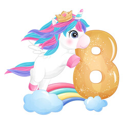 Cute unicorn with number 8 watercolor illustration