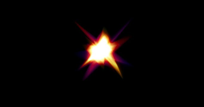Glowing star on a black background. Chaotic, pulsating movement. Glow with bright colored halos..4K. Loop. ProRes 422.
