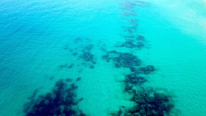 aerial view of clear blue-turquoise sea, atlantic ocean, environment, nature, underwater, coral, fish, diving, snorkeling, marine, turquoise, summer, dive