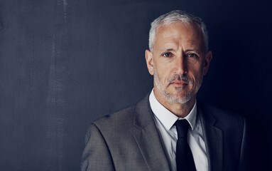 Mockup portrait of senior businessman, lawyer or attorney with serious face on dark background. Boss, ceo and professional business owner, mature director with executive management job at law firm. - obrazy, fototapety, plakaty