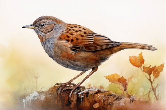 Watercolor painted dunnock on a white background.