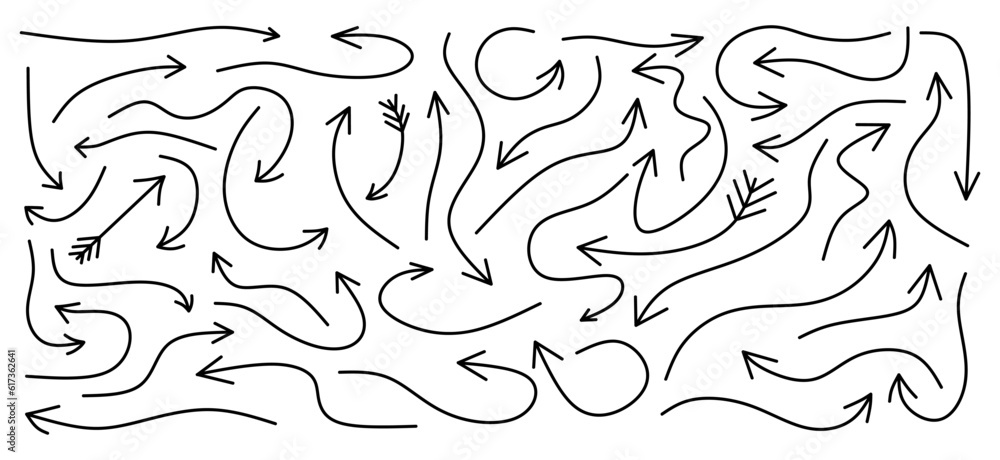 Poster big set of doodle arrows. hand drawn pointers or arrow collection isolated on white background. sket