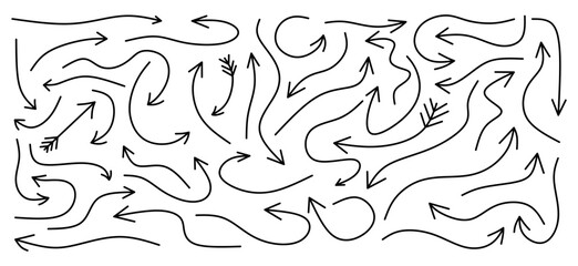 Big set of doodle arrows. Hand drawn pointers or arrow collection isolated on white background. Sketch of Arrow mark. Arrows in linear style for business. Vector illustration