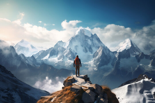 An awe-inspiring photograph of a hiker standing atop a majestic mountain peak, surrounded by breathtaking panoramic views of sprawling valleys and snow-capped peaks.