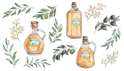 Watercolor set of illustrations. Hand painted yellow virgin olive oil in glass jug, square bottle, pitcher with labels, corks. Branches with black and green olives, leaves, flowers. Isolated clip art