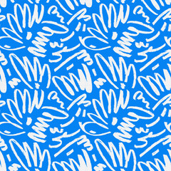 Marker drawn scribble vector seamless pattern. Childish drawing. Hand draws calligraphy swirls for background. Curly brush white strokes on bright blue background as graphic design wallpaper.