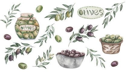 Watercolor set of illustrations. Hand painted pitted green, black olives in glass jar, bowl, plate. Olive branches with leaves, fruits. Label with word Olives. Canned food in bottle. Isolated clip art