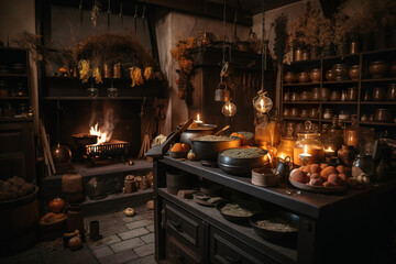 A kitchen with a fire place in the middle of it. AI generative.