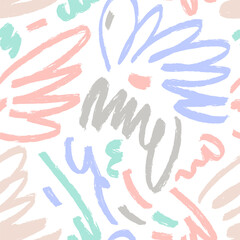 Pastel subtle color hand drawn scribble abstract seamless pattern. Vector childish drawing. Curly strokes, muted colors marker scrawls as graphic design wallpaper.