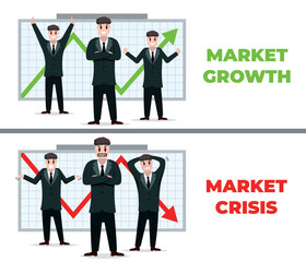 financial crisis, stock market crash, disappointed businessmen. market growth, happy investor standing near green growth trading arrow. crisis and marlet growth banners.