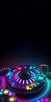 3D Render of Glowing Neon Roulette Wheel with Flares on Dark Background, Casino Game Concept. Generative AI Technology.
