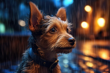 Sad puppy in the rain. Abandoned dog. Generative AI. - 617364271