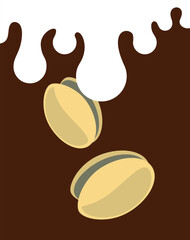 A hearty healthy snack. Ice cream filler. Pistachios in flat geometric style. Pouring milk. Design element for labels, stickers. Spreading confectionery liquid. Nuts in shell.