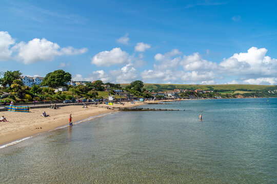 The sandy Swanage Beach in Swanage Bay, UK