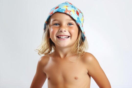 Portrait of a smiling little girl in a bandana on a white background