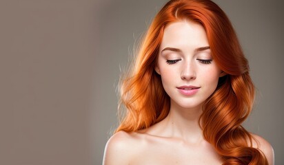 Naklejka premium Redhead woman with healthy wavy long hair, generative ai image
