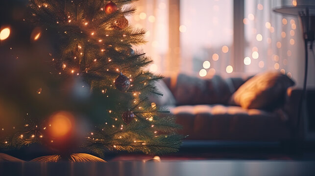 Blurred Soft focus Christmas background with fir tree and light in bokeh. Home decoration in New Year and Christmass.