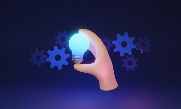 Innovation and smart solution with successful invention 3D illustration. New idea or startup as bright light bulb. Business vision with futuristic achievement and improvement. Technological power.