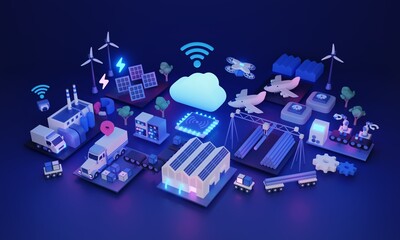 Industrial IoT or internet of things for effective production 3D illustration. Smart and modern factory with sustainable energy, robot technology usage and productive automation. Modern AI systems.