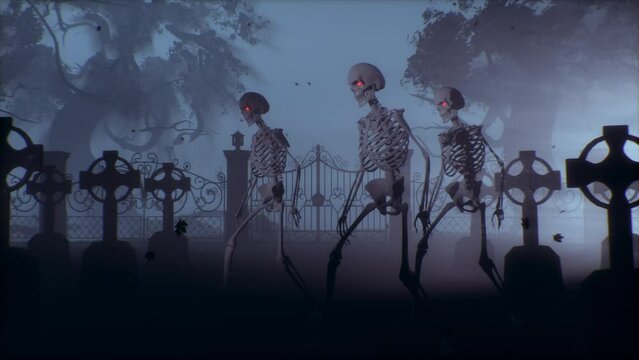 Dancing skeletons in the cemetery at night. Skeletons with red burning eyes in a graveyard in the fog. Halloween concept.