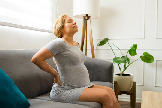 Profile View Of A Pretty Pregnant Woman Suffereing From Back Pain While Sitting On A Couch At Home