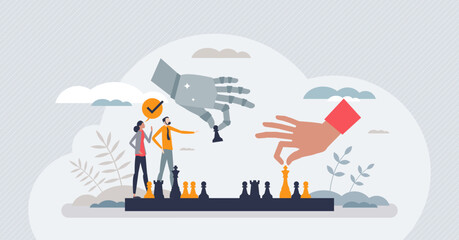 Artificial intelligence or AI usage for intellect games tiny person concept. Play chess with human vs robot teams vector illustration. Futuristic machine interaction with advanced smart systems.